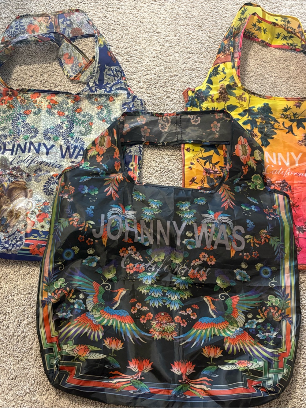 Johnny Was Reusable Tote Set in Black, Blue, Yellow & Pink